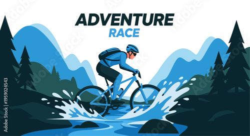 Adventure Race: Cyclist Crossing River, Mountain Biking Sport, Competitive Cycling Illustration