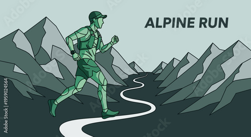 Alpine Runner Navigates Rugged Terrain in a Stunning, Stylized Mountain Landscape Illustration