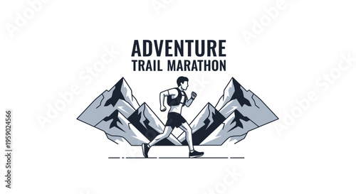 Adventure Trail Marathon Illustration of Runner and Mountain Landscape in Modern Style