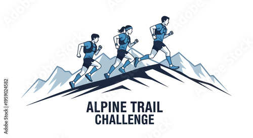 Alpine Trail Challenge: Athletes Conquer Mountain Peaks in Dynamic Running Illustration