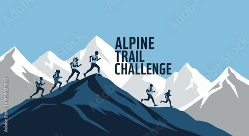 Alpine Trail Challenge: Athletes Ascending Mountain Peaks in a Vector Illustration