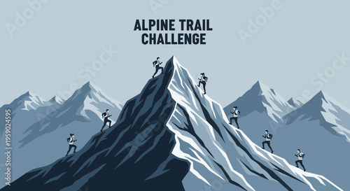 Alpine Trail Challenge Depicting Mountain Climbers Ascending a Peak in Silhouette Style