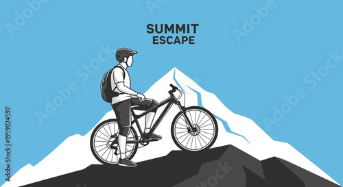 Adventurous Biker Reaching the Summit to Overlook the Beautiful Mountain Range
