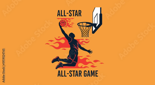 All-Star Basketball Silhouette Soaring Towards a Slam Dunk With Dramatic Flames Background