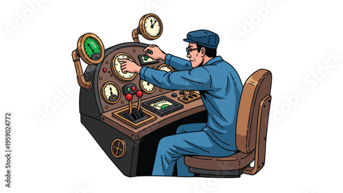 Cartoon Man Operating Complex Retro Control Panel. Engineer or Pilot Controlling Vintage Machinery with Gauges & Levers.