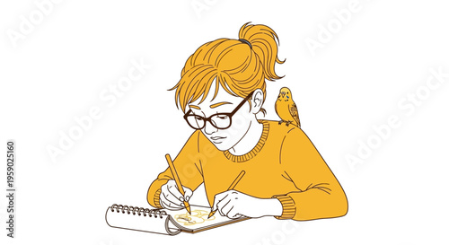 Young woman artist drawing in sketchbook with bird companion