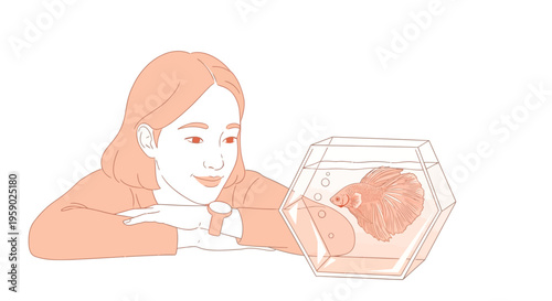 Young woman observing pet betta fish in a hexagonal tank