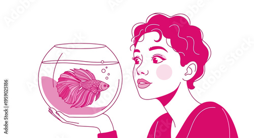 Young woman admiring a pink betta fish in bowl