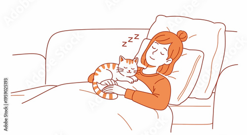 Young woman sleeping with pet cat on a cozy sofa