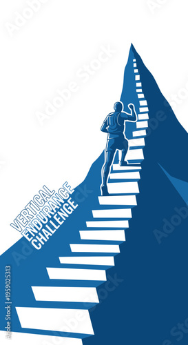 Athlete Ascends Steep Staircase Towards Mountain Peak