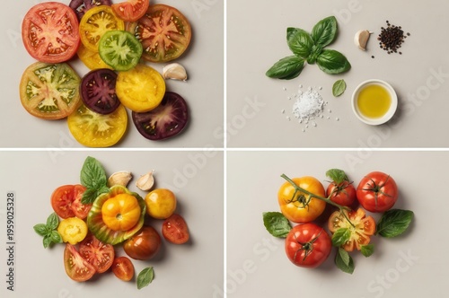 Colorful Tomato Varieties and Fresh Ingredients Showcase Perfect for Culinary Arts and Gastronomy Creativity on Neutral Backgrounds captured with clarity