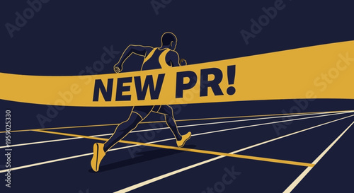 Athlete Breaking Finish Line Tape Demonstrates Triumph and Reaching Personal Best Goal