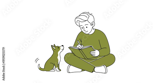 Young man writing in notebook with pet dog watching