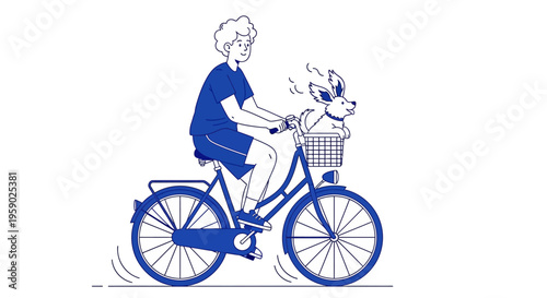 Young person rides bicycle with happy dog in front basket