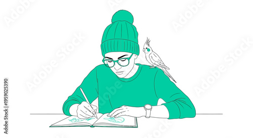 Young person drawing in notebook with pet bird on shoulder
