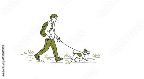 Young man walking pet dog outdoors with backpack