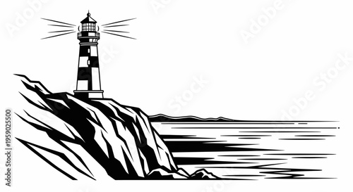 Vintage black and white lighthouse on ocean cliff illustration