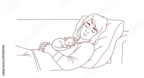 Woman and cat sleeping peacefully together on a couch