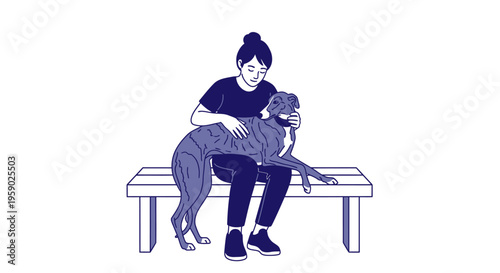 Woman affectionately petting greyhound dog on outdoor bench