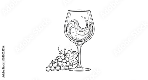 Wine glass with liquid and fresh grapes line art