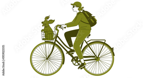 Woman cycling with happy dog in front bicycle basket
