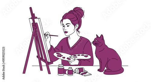 Woman artist painting with cat companion in creative home studio
