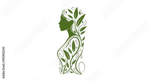 Stylized woman silhouette with green leaves and organic lines
