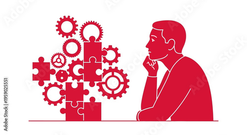 Thinking man analyzes gears and puzzle pieces strategy