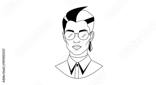 Stylized line art portrait of person with glasses and unique hairstyle