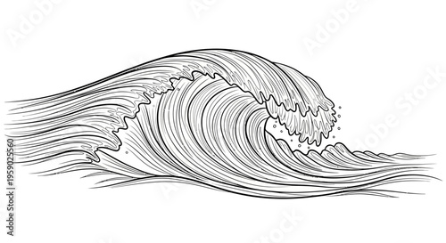 Stylized ocean wave with intricate lines on white background