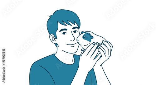 Smiling young man holding a cute guinea pig pet