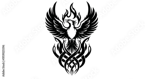 Stylized black phoenix with flames and tribal pattern wings