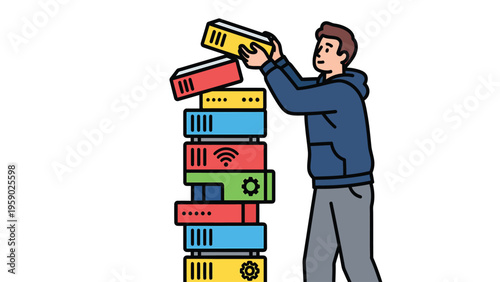 Man stacking colorful network servers and data equipment, illustrating IT infrastructure management