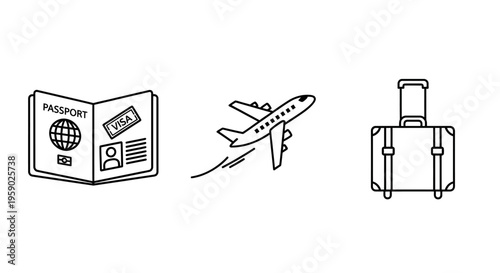 Passport visa airplane and suitcase for international travel icons