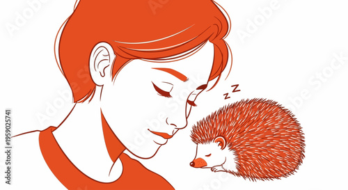 Peaceful young adult resting beside a sleeping hedgehog illustration