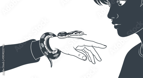 Person's hand with snake on wrist and curious shadowed face