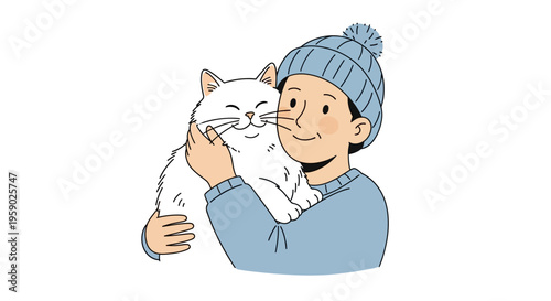 Person cuddling happy white cat wearing blue beanie