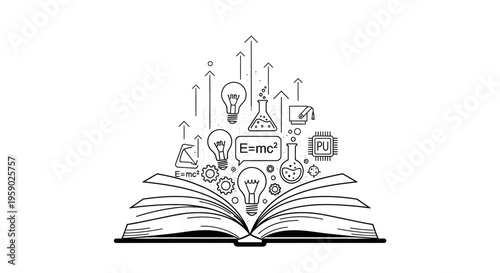 Open book with STEM icons symbolizing learning and innovation