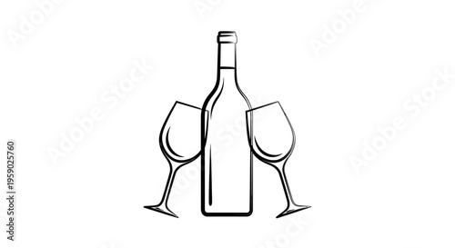 Outline drawing of wine bottle with two wine glasses