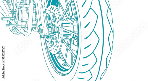Motorcycle front wheel, tire, and disc brake line art