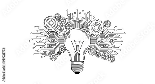 Outline drawing of idea light bulb with circuit board and gears