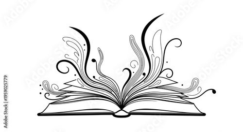 Open book with abstract swirling lines representing creativity