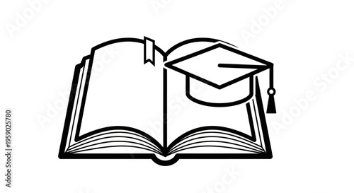 Open book with graduation cap and bookmark icon