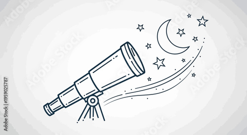 Minimalist telescope observing moon and stars in night sky