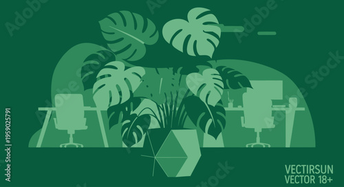 Monstera plant in modern green office workspace with chairs