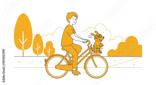 Man cycling with dog in bike basket through a park