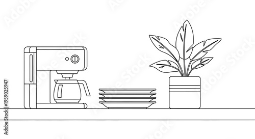 Kitchen countertop with coffee maker, plates, and potted plant