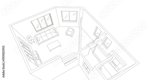 Isometric architectural drawing of a house floor plan layout