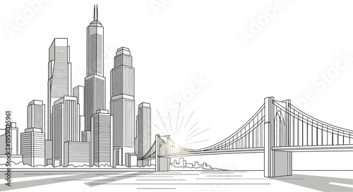 Iconic city skyline with suspension bridge and skyscrapers line art