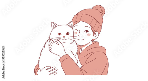 Happy person in winter hat winking and holding fluffy cat
